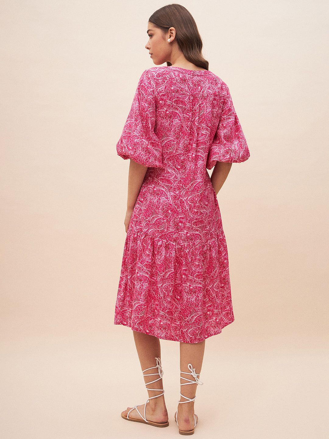 Pink Paisley Print Tiered Midi Dress