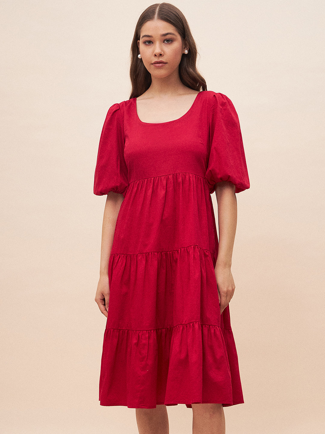 Red Solid back bow detail midi dress
