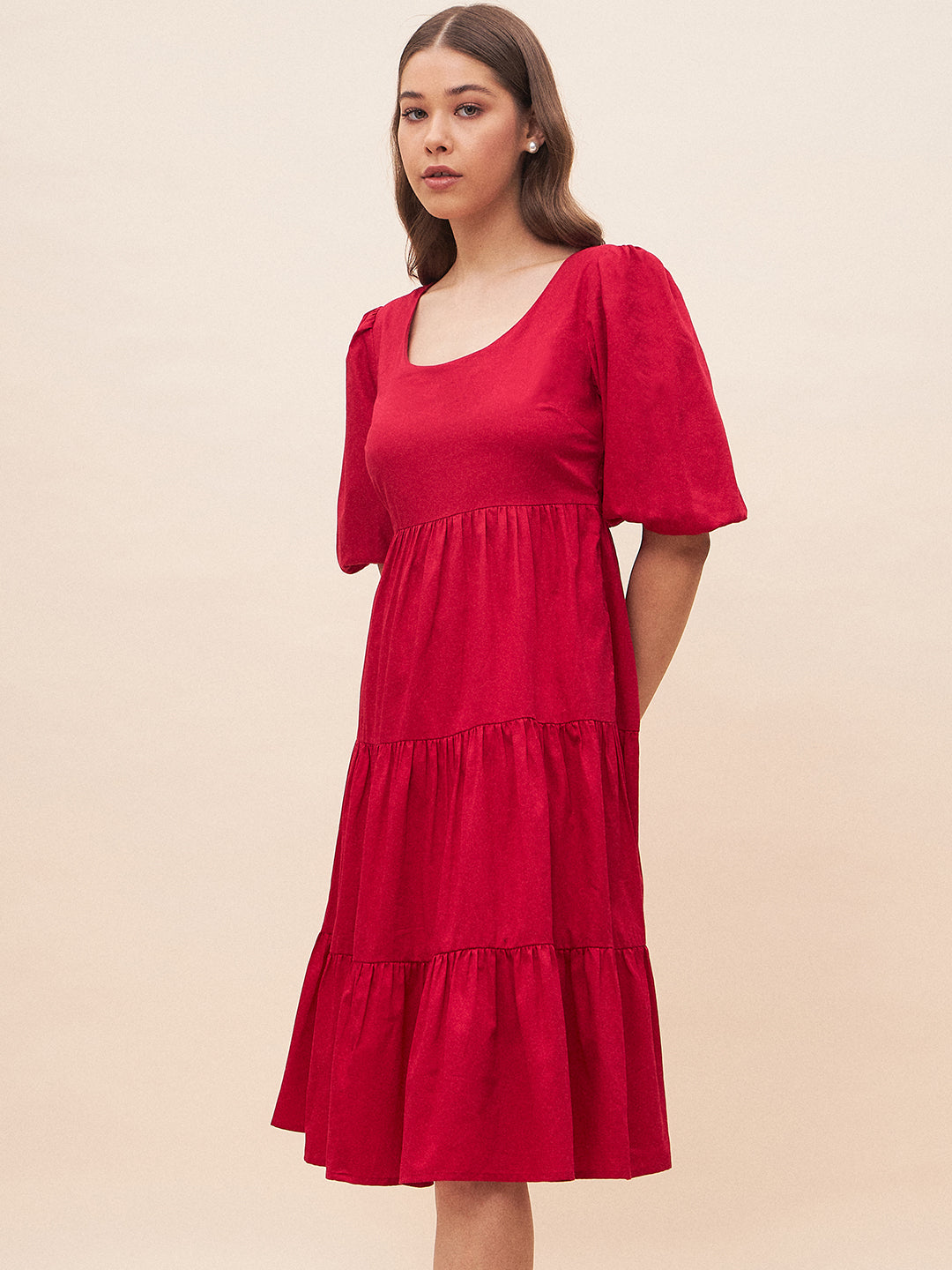 Red Solid back bow detail midi dress