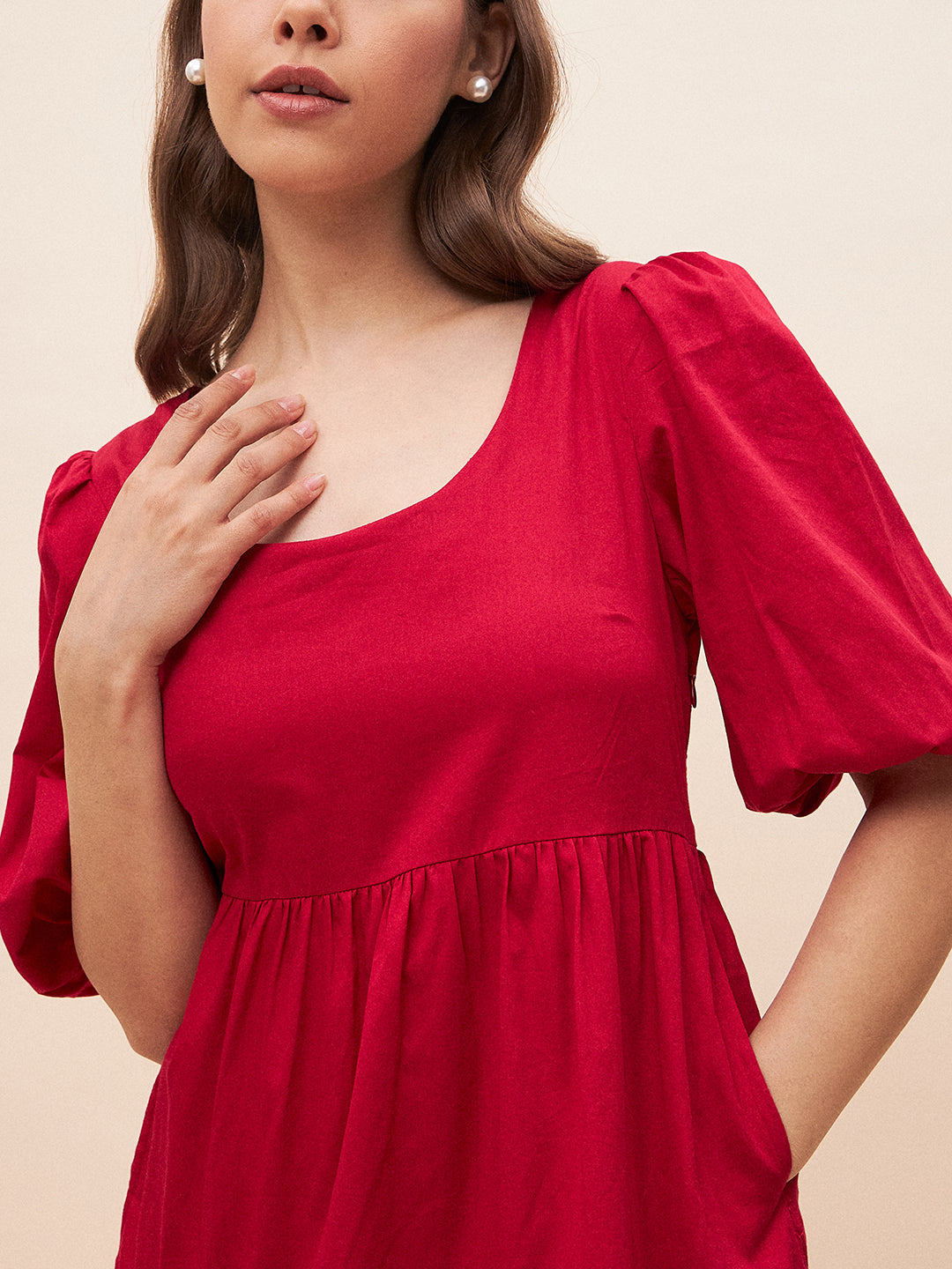 Red Solid back bow detail midi dress