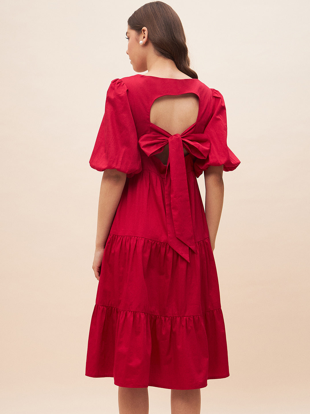 Red Solid back bow detail midi dress