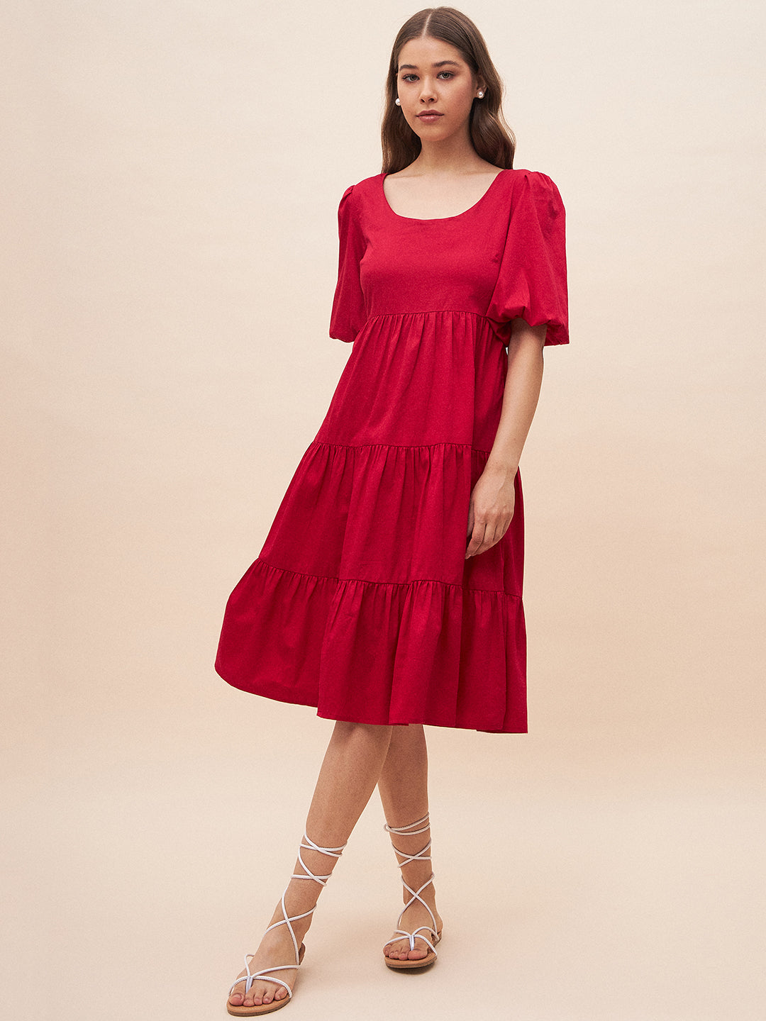 Red Solid back bow detail midi dress