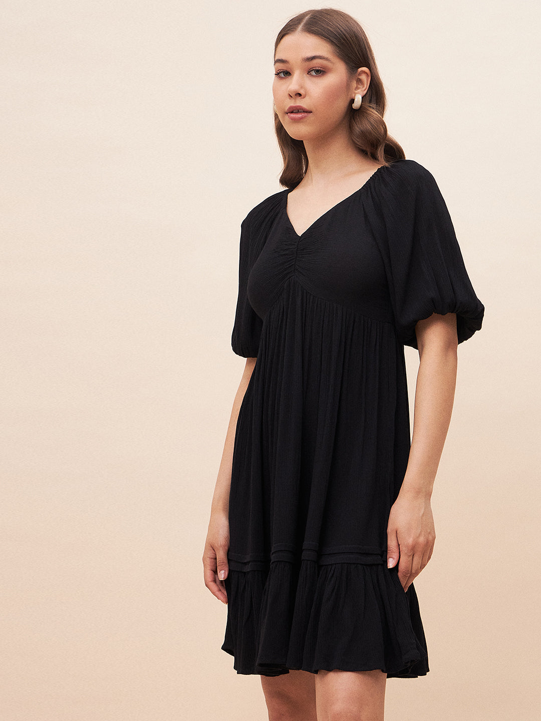 Black Crinkled Tiered Mini Dress