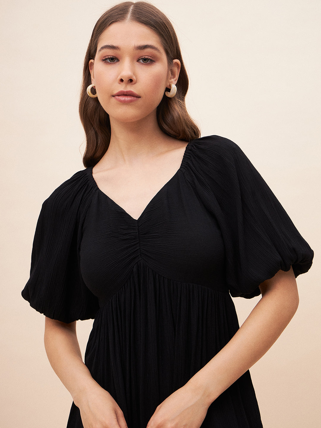 Black Crinkled Tiered Mini Dress
