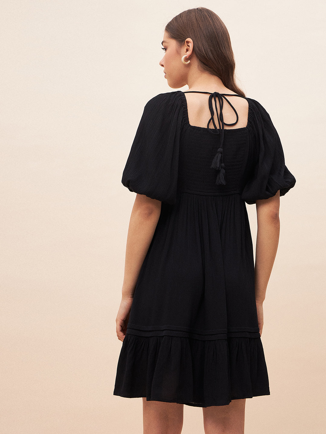 Black Crinkled Tiered Mini Dress