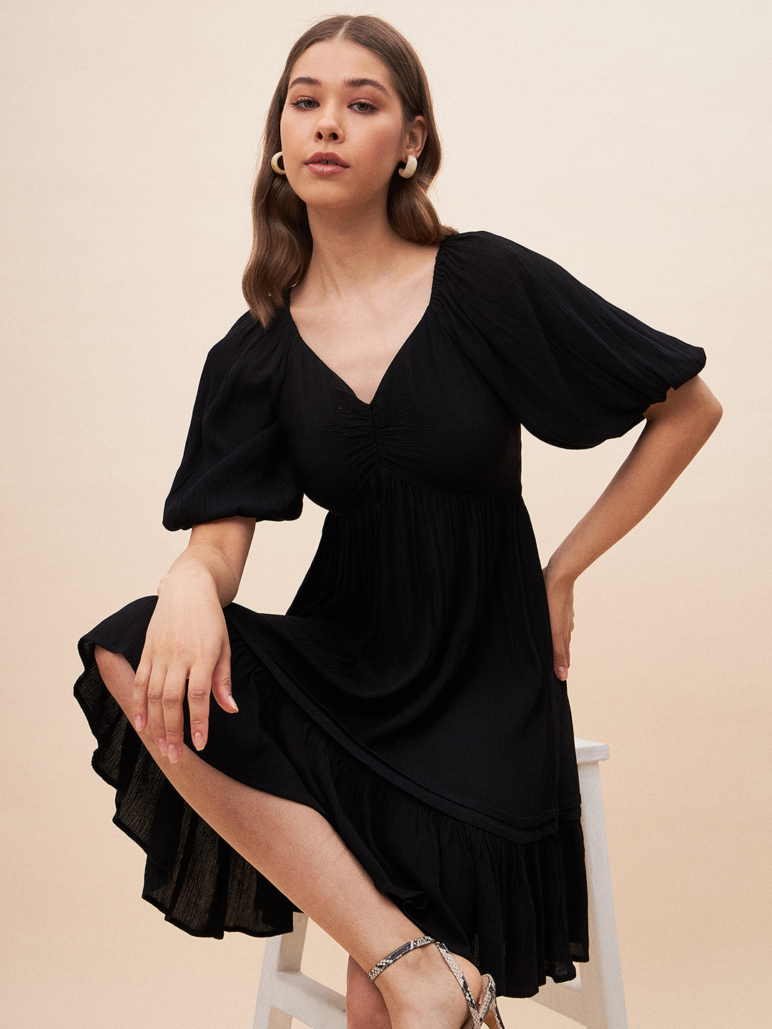 Black Crinkled Tiered Mini Dress