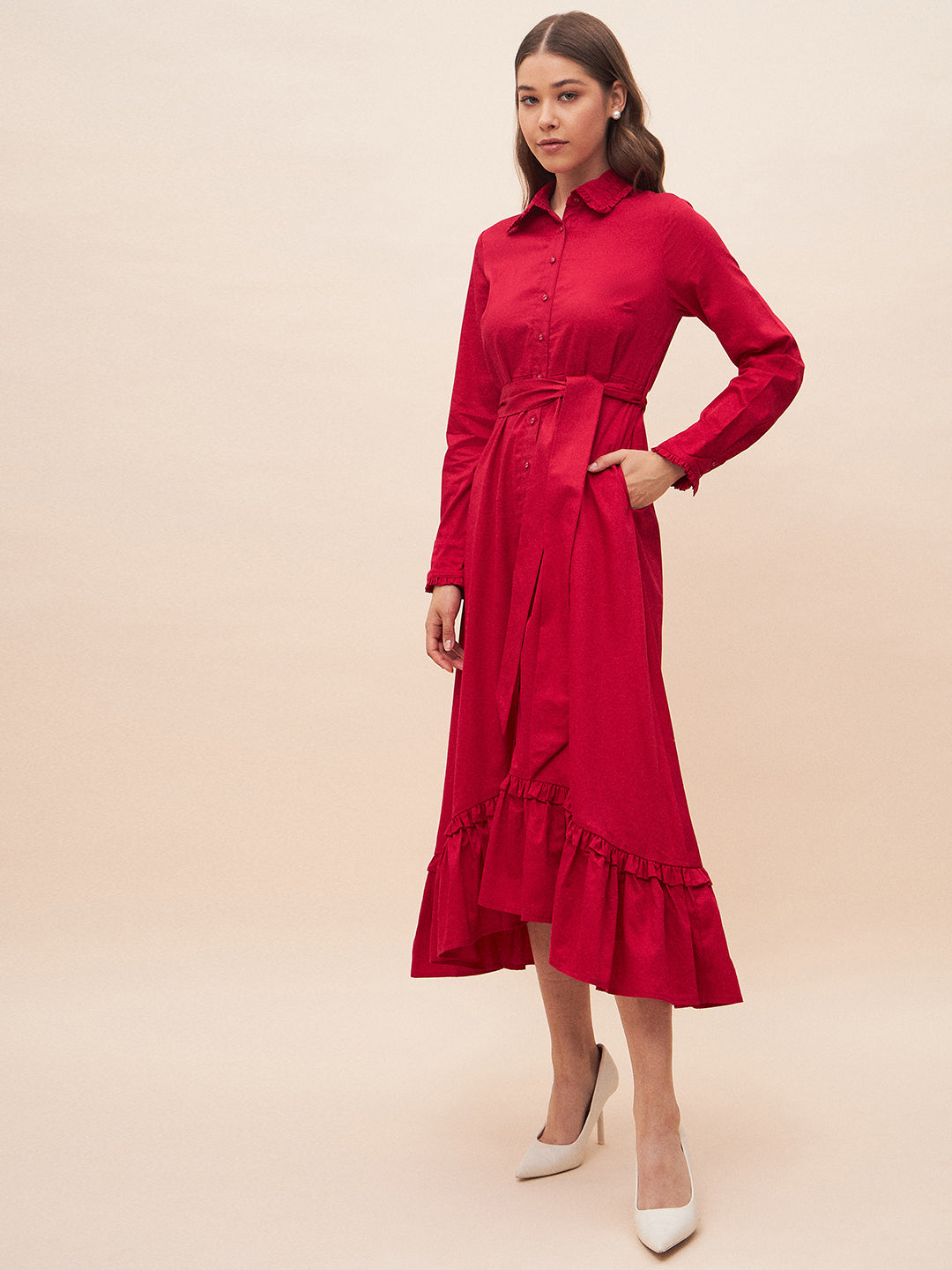 Red Solid Belted High Low Maxi Dress