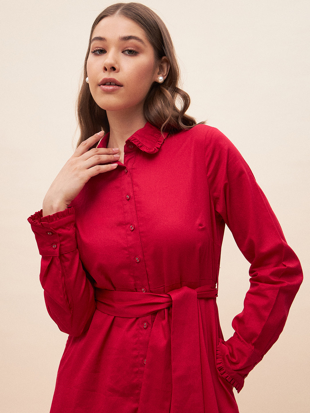 Red Solid Belted High Low Maxi Dress