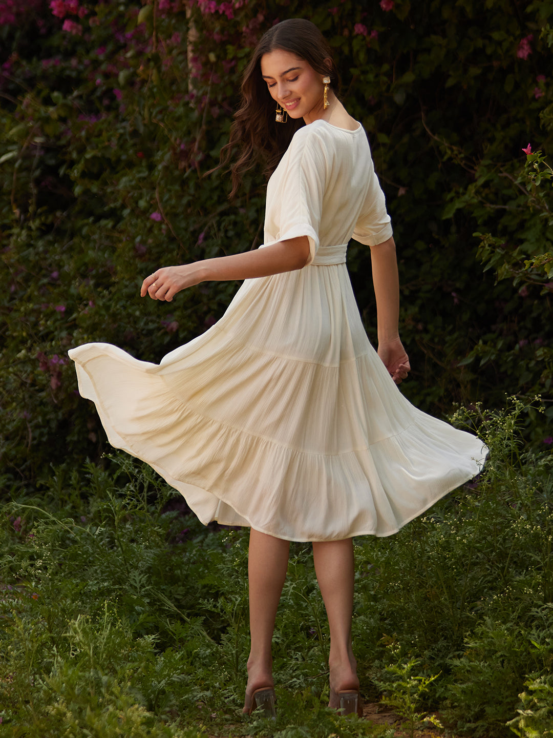 White Round Neck Tier Midi Dress
