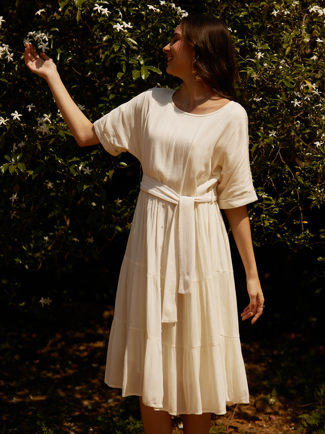 White Round Neck Tier Midi Dress