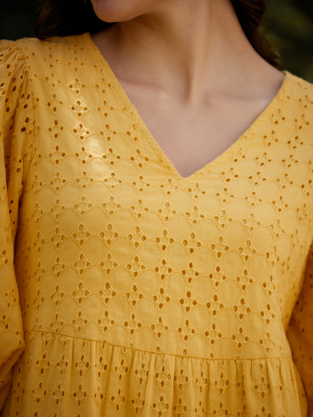 Yellow Cotton Schiffli Midi Dress
