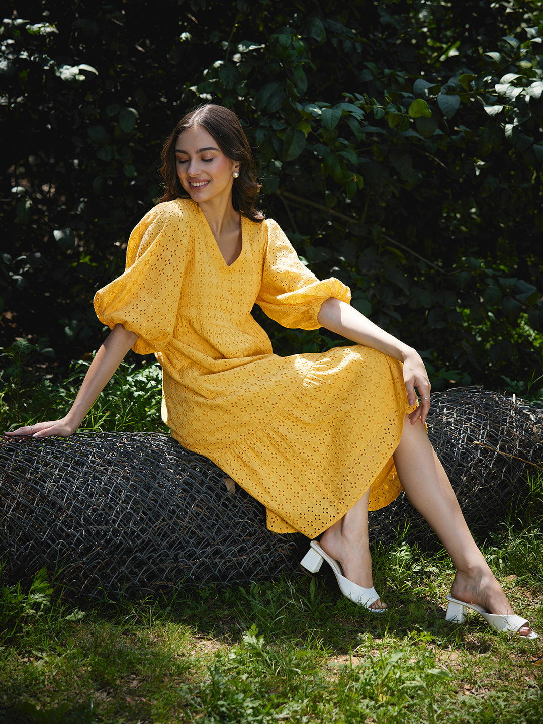 Yellow Cotton Schiffli Midi Dress