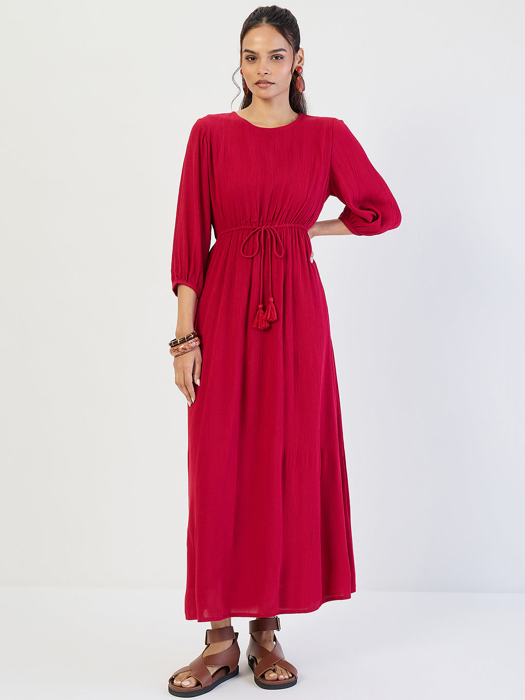 Deep Red Crinkled Round Neck Maxi Dress