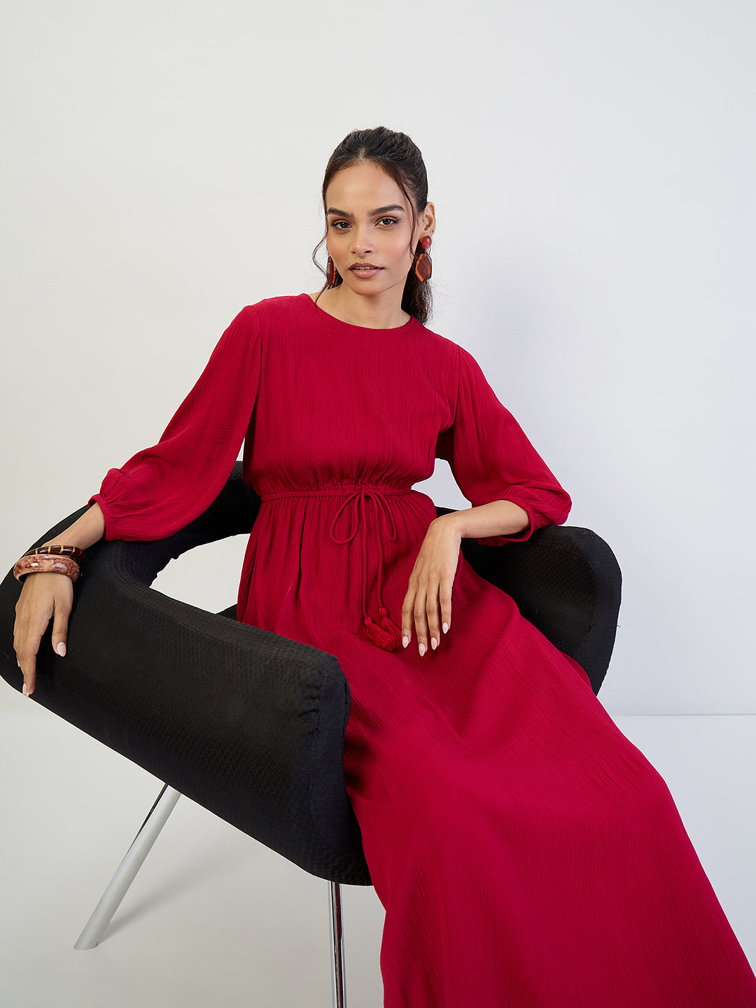 Deep Red Crinkled Round Neck Maxi Dress