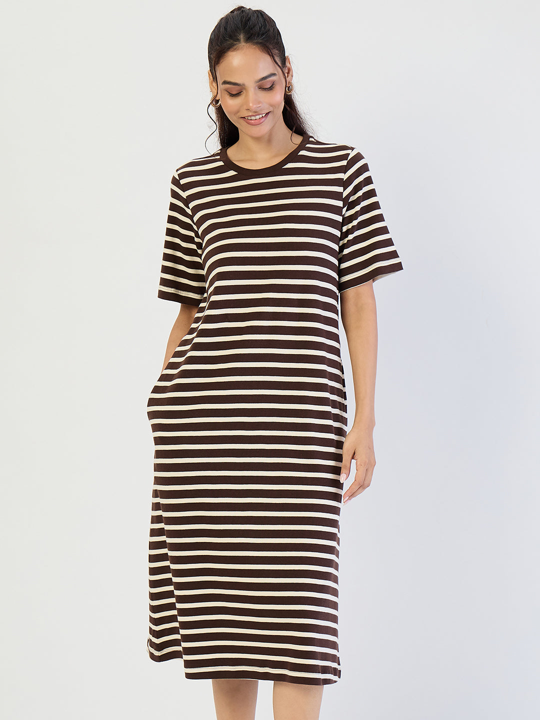 Brown Striped Knit Midi Dress