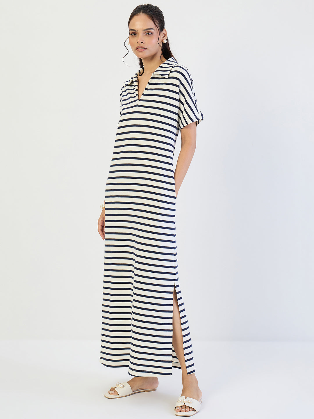 Navy Striped Knit Maxi Dress