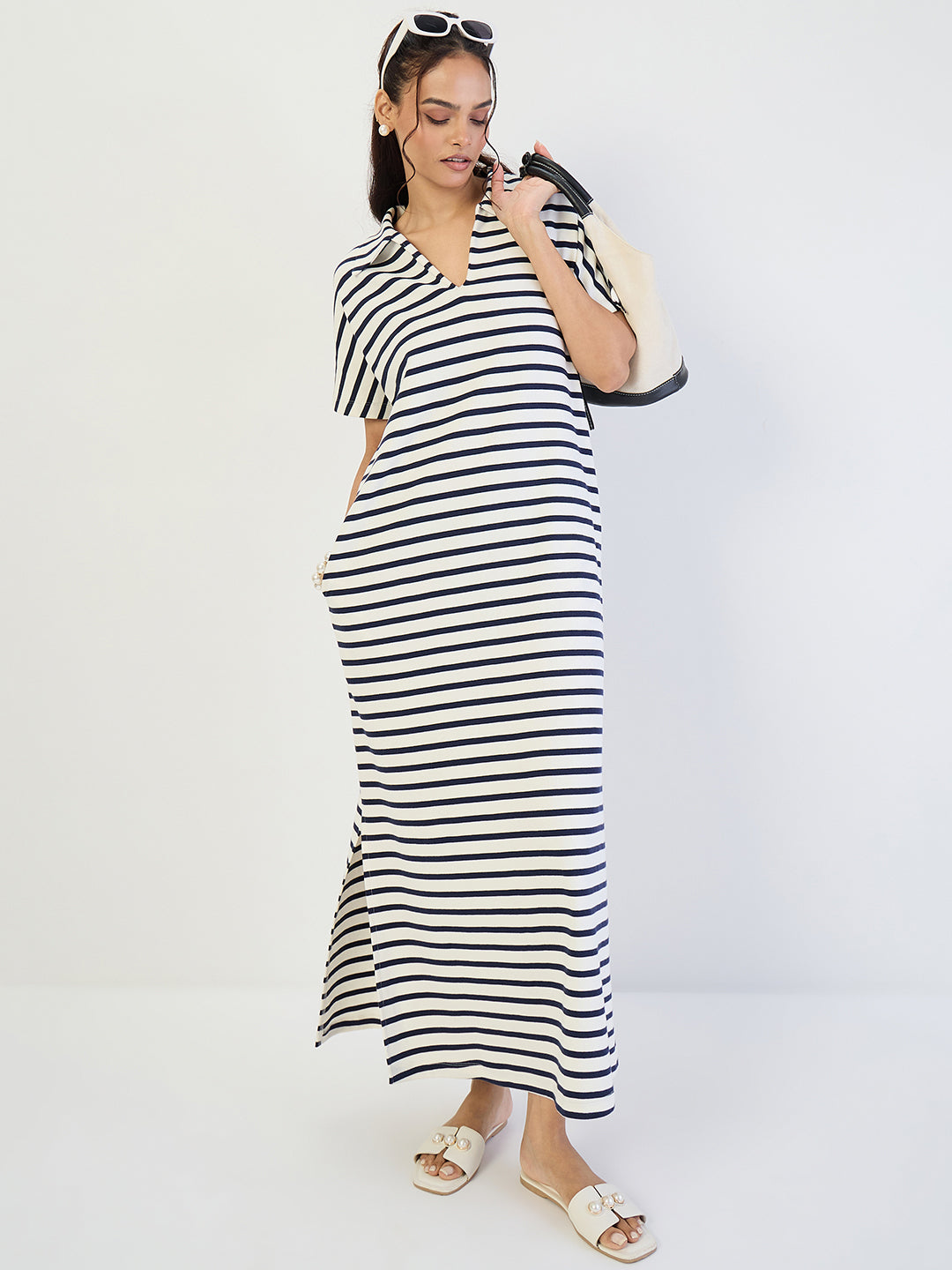 Navy Striped Knit Maxi Dress