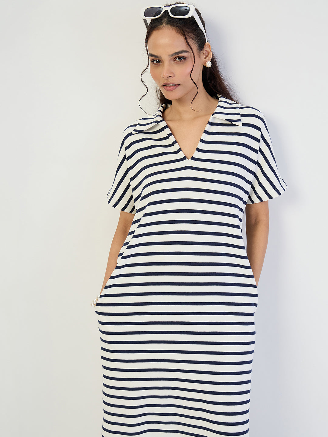 Navy Striped Knit Maxi Dress