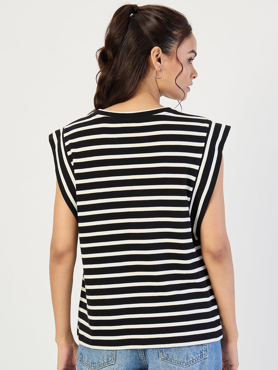 Black Striped Sleeveless Knit T-Shirt