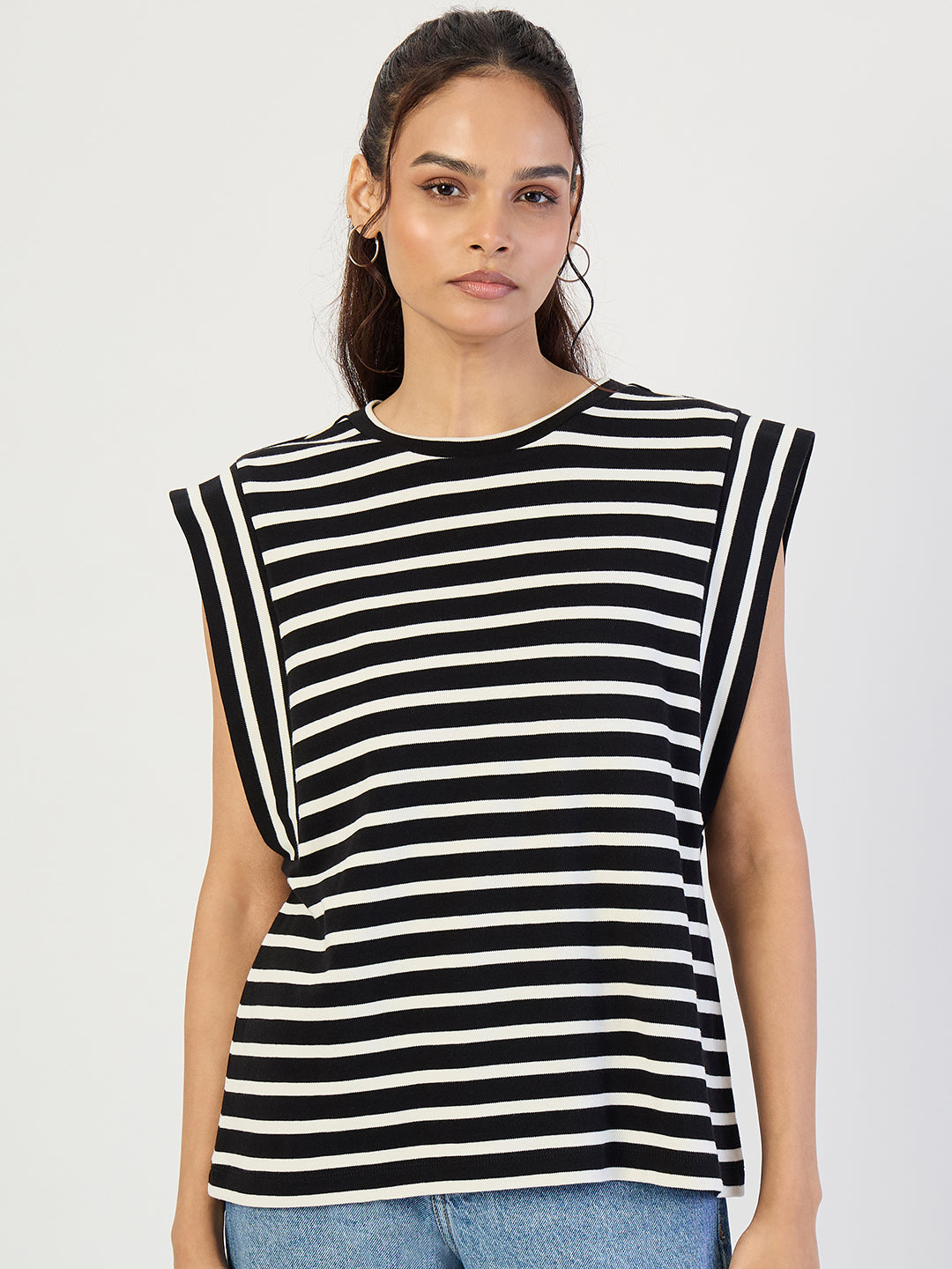 Black Striped Sleeveless Knit T-Shirt