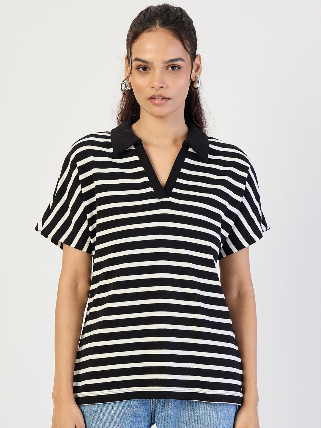 Black Striped Polo Knit T-Shirt