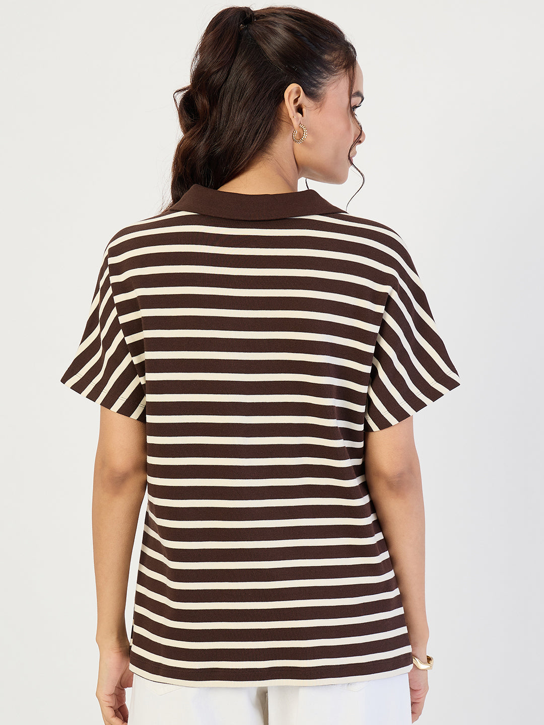 Brown Striped Polo Knit T-Shirt