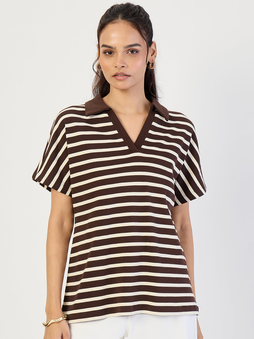Brown Striped Polo Knit T-Shirt