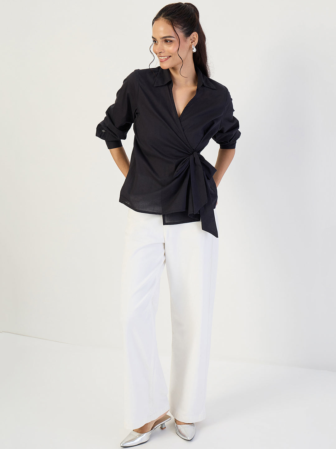 Black Cotton Wrap Top