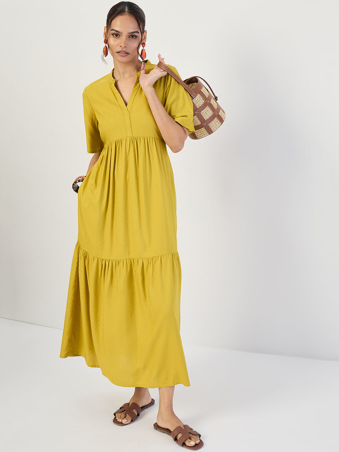 Citrine Green Dobby Tiered Maxi Dress