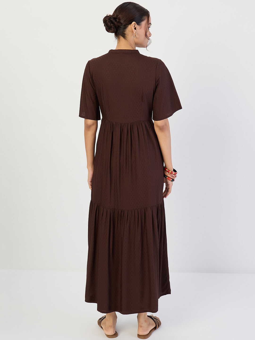 Coffee Brown Dobby Tiered Maxi Dress