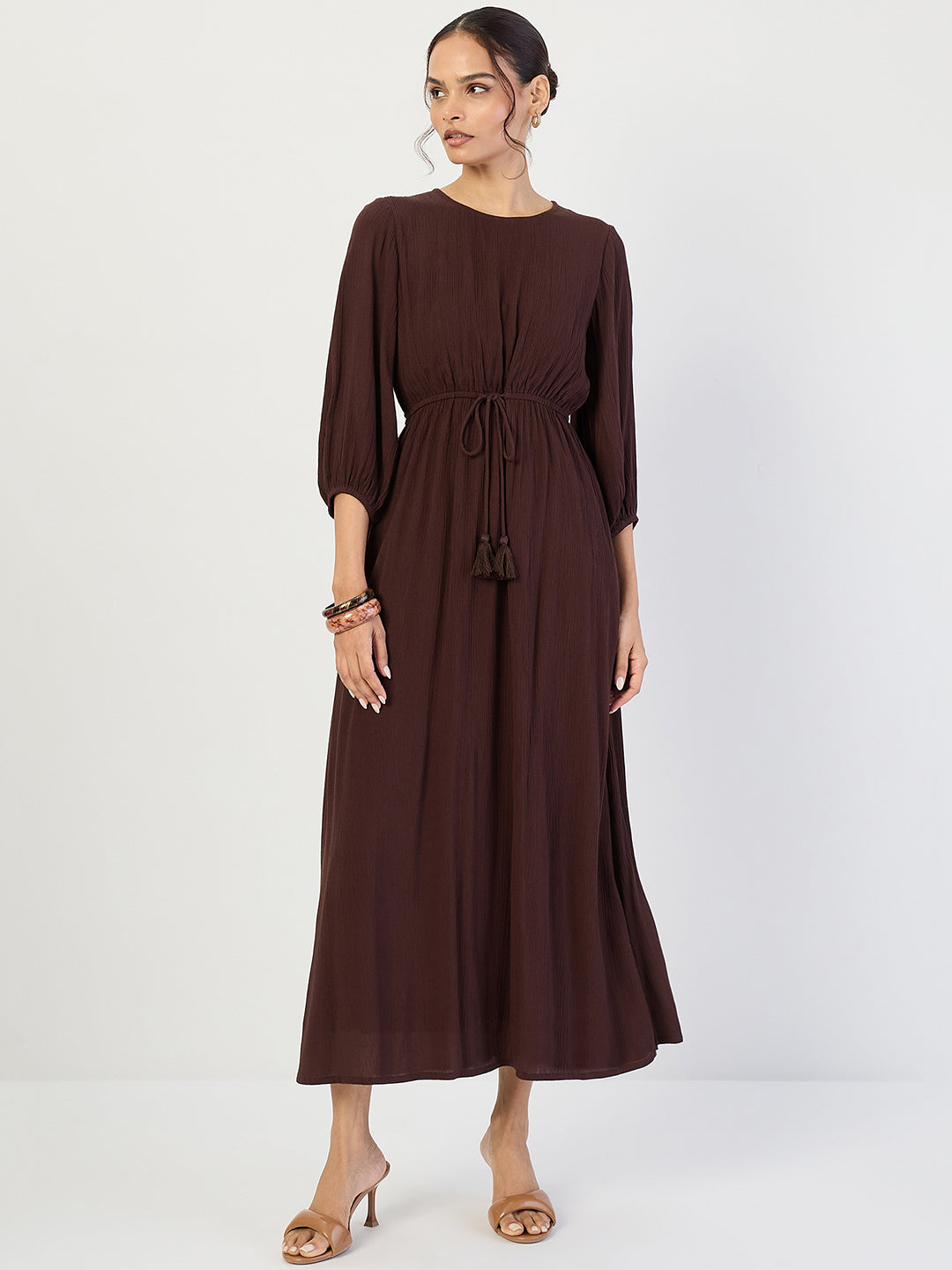 Coffee Brown Crinkled Round Neck Maxi Dress