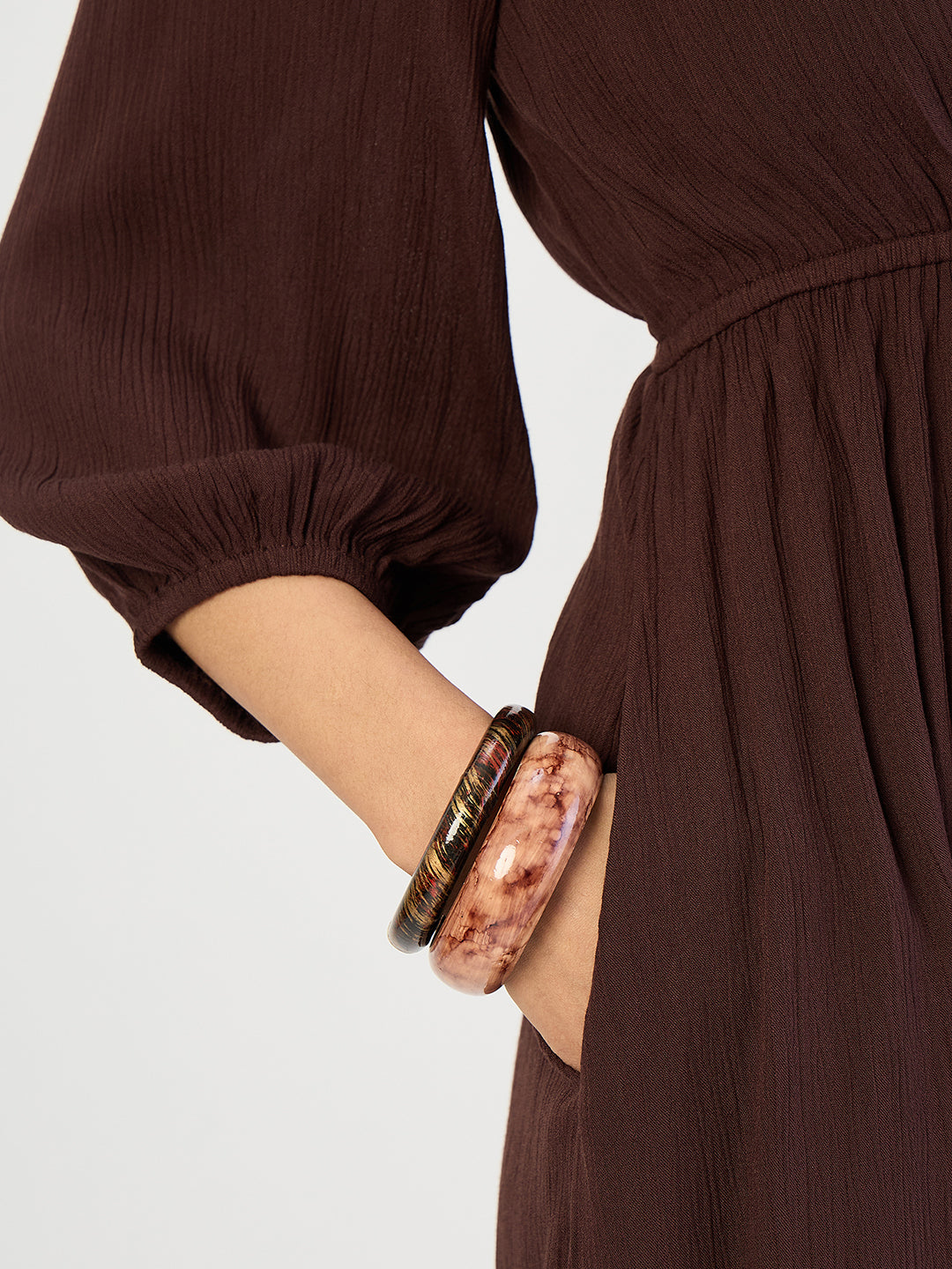 Coffee Brown Crinkled Round Neck Maxi Dress
