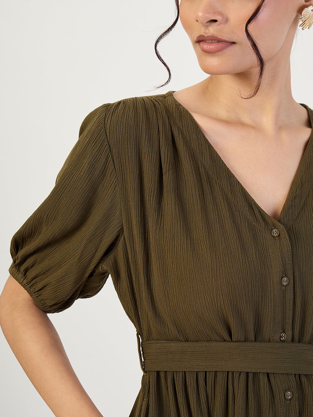 Olive Crinkled V-Neck Maxi Dress