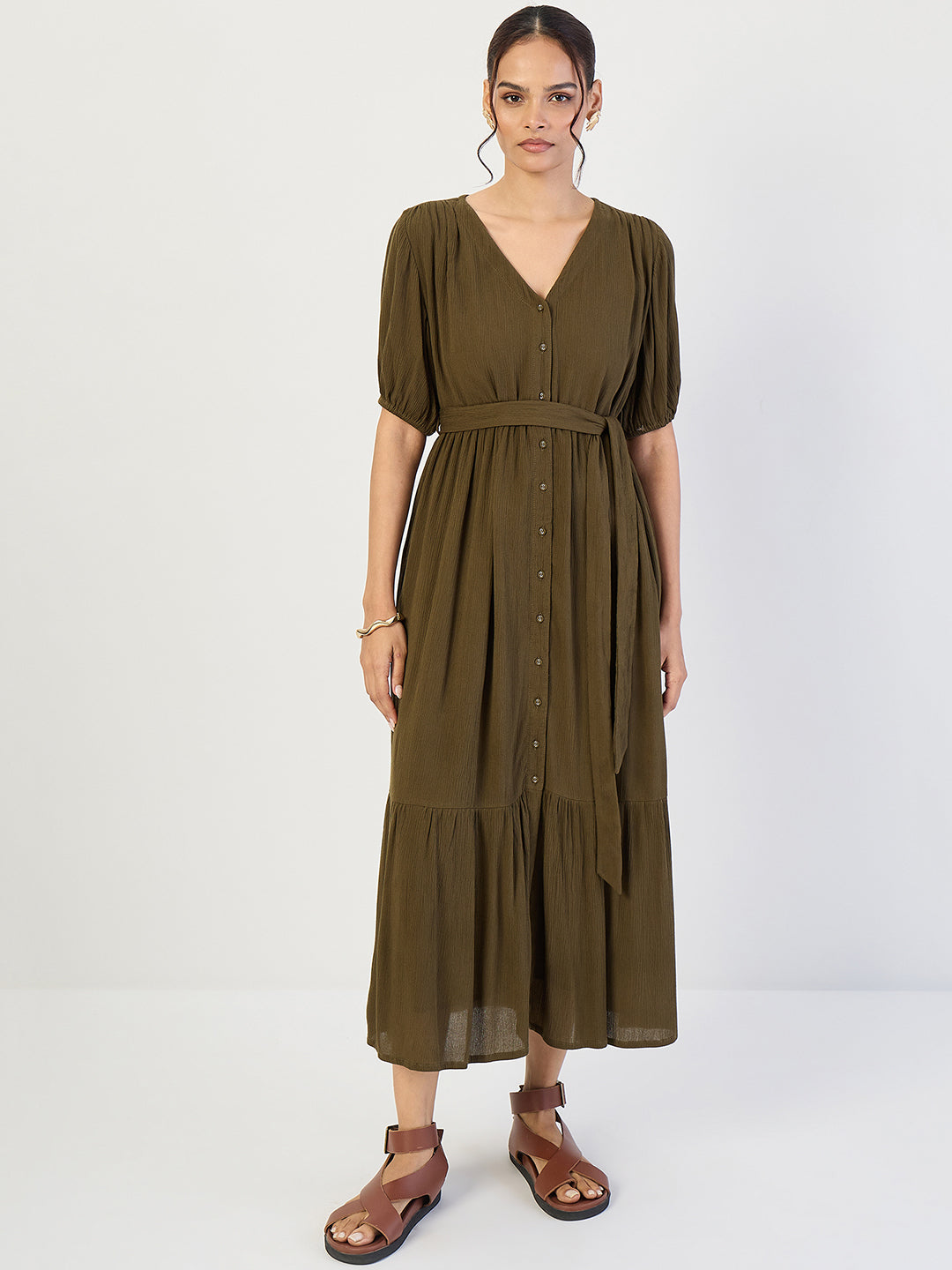 Olive Crinkled V-Neck Maxi Dress