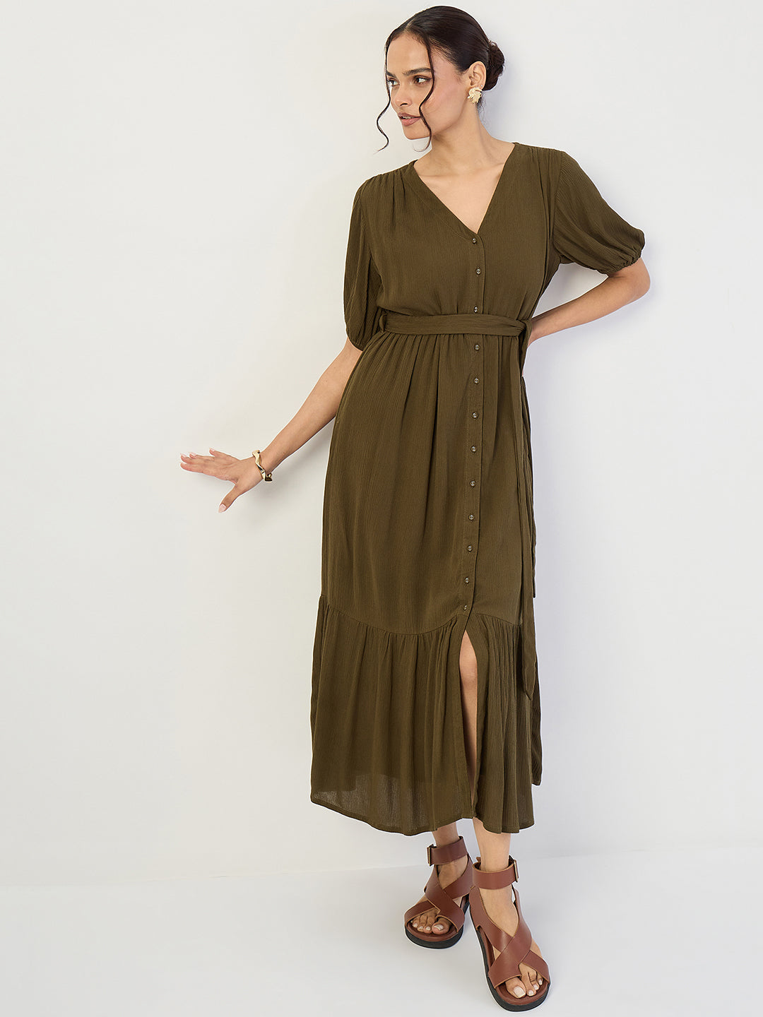 Olive Crinkled V-Neck Maxi Dress