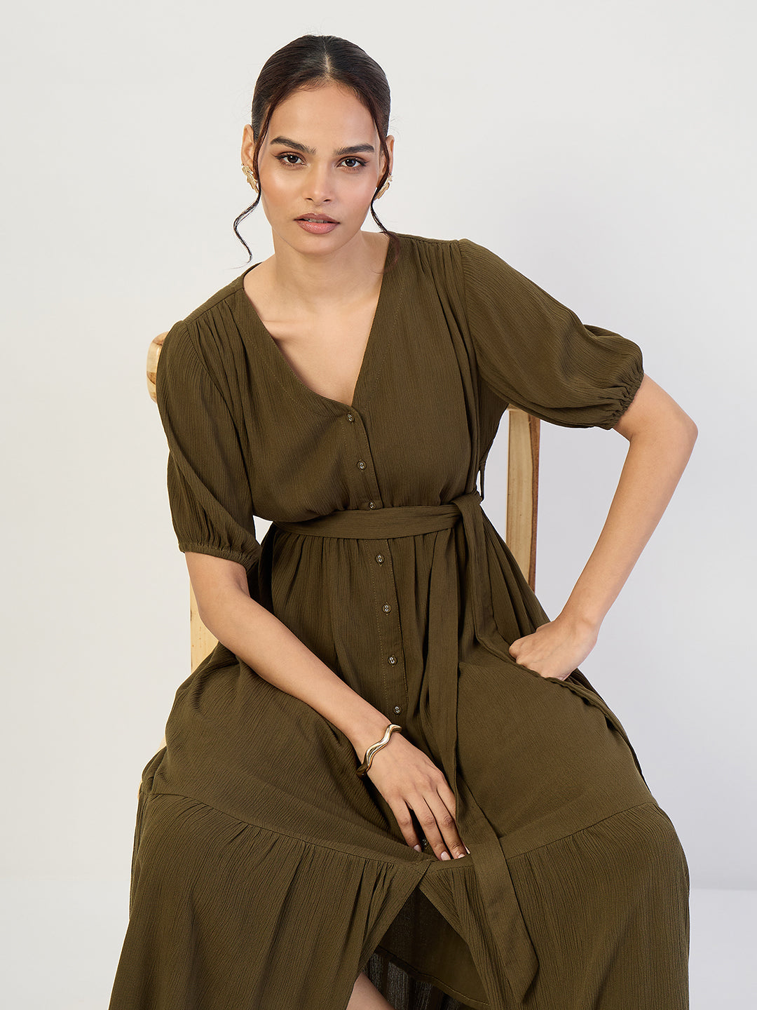 Olive Crinkled V-Neck Maxi Dress