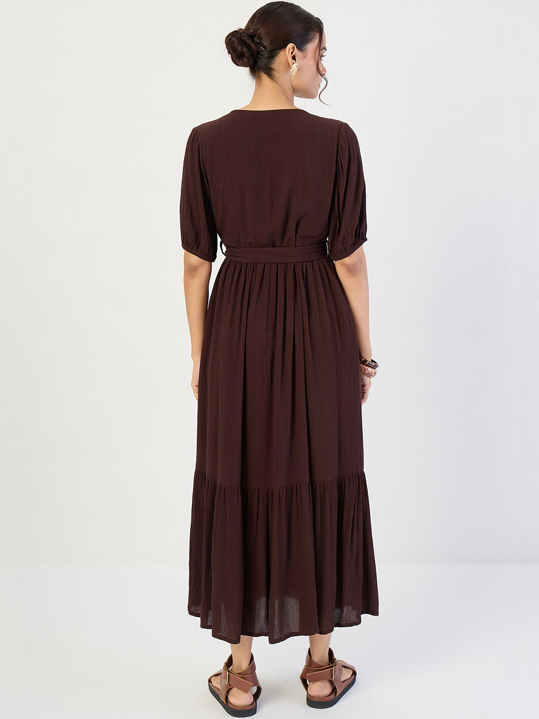 Coffee Brown Crinkled V-Neck Maxi Dress