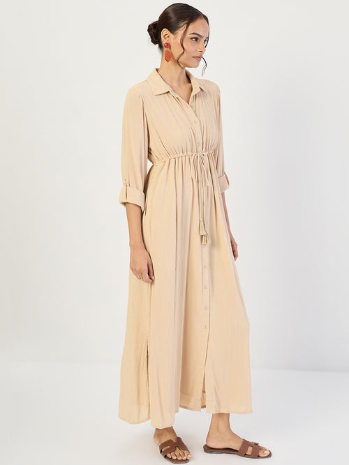 Beige Crinkled Button Down Maxi Dress