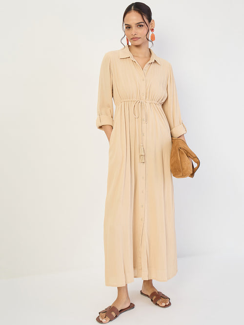 Beige Crinkled Button Down Maxi Dress