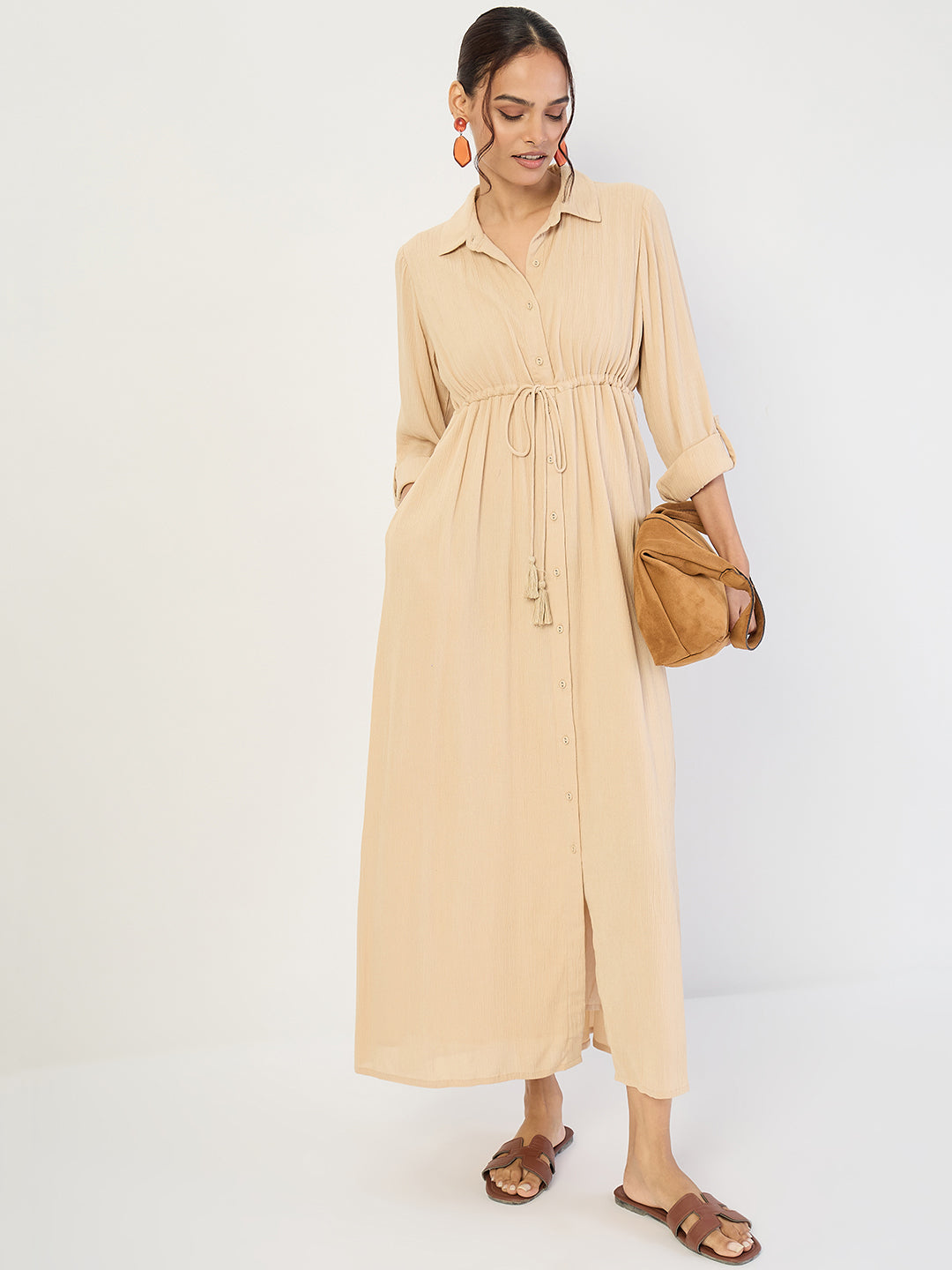 Beige Crinkled Button Down Maxi Dress