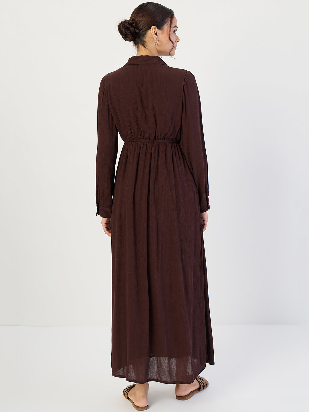 Coffee Brown Crinkled Button Down Maxi Dress