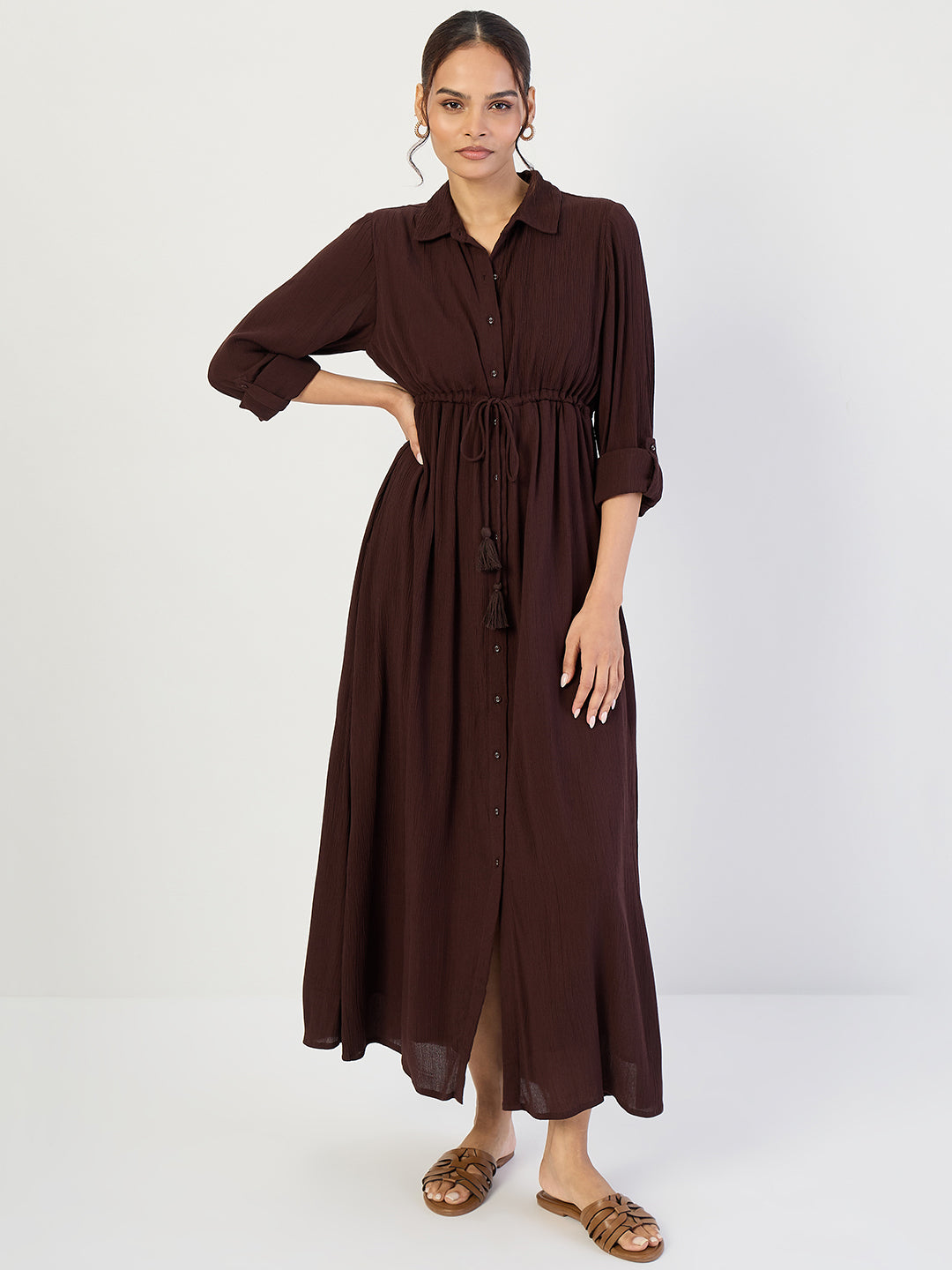 Coffee Brown Crinkled Button Down Maxi Dress