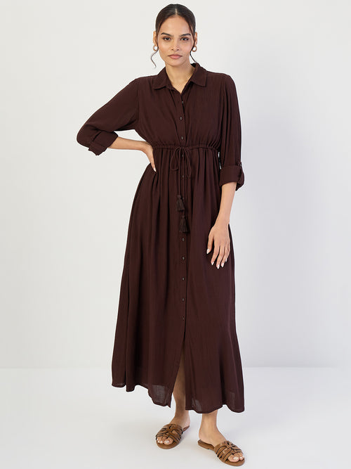 Coffee Brown Crinkled Button Down Maxi Dress
