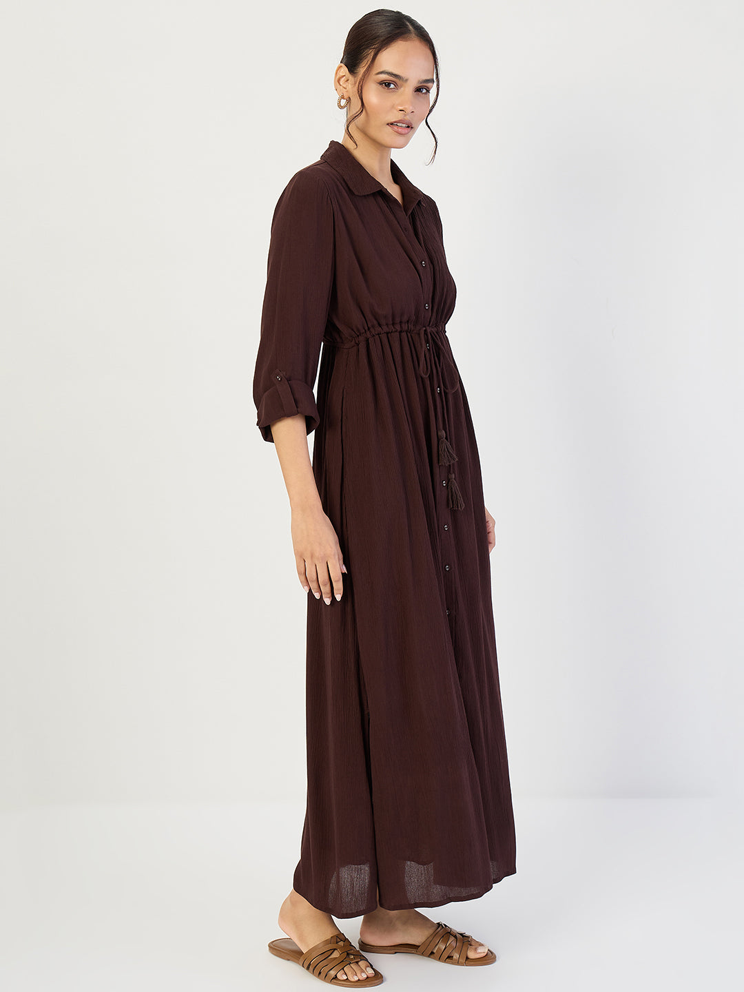 Coffee Brown Crinkled Button Down Maxi Dress