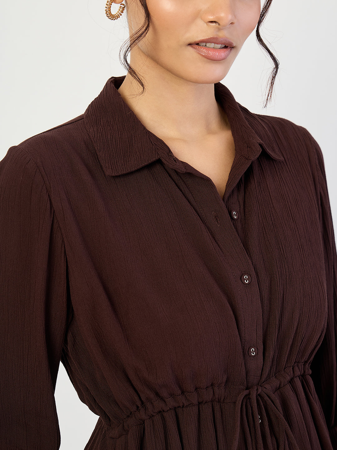 Coffee Brown Crinkled Button Down Maxi Dress
