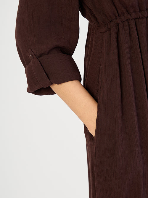 Coffee Brown Crinkled Button Down Maxi Dress