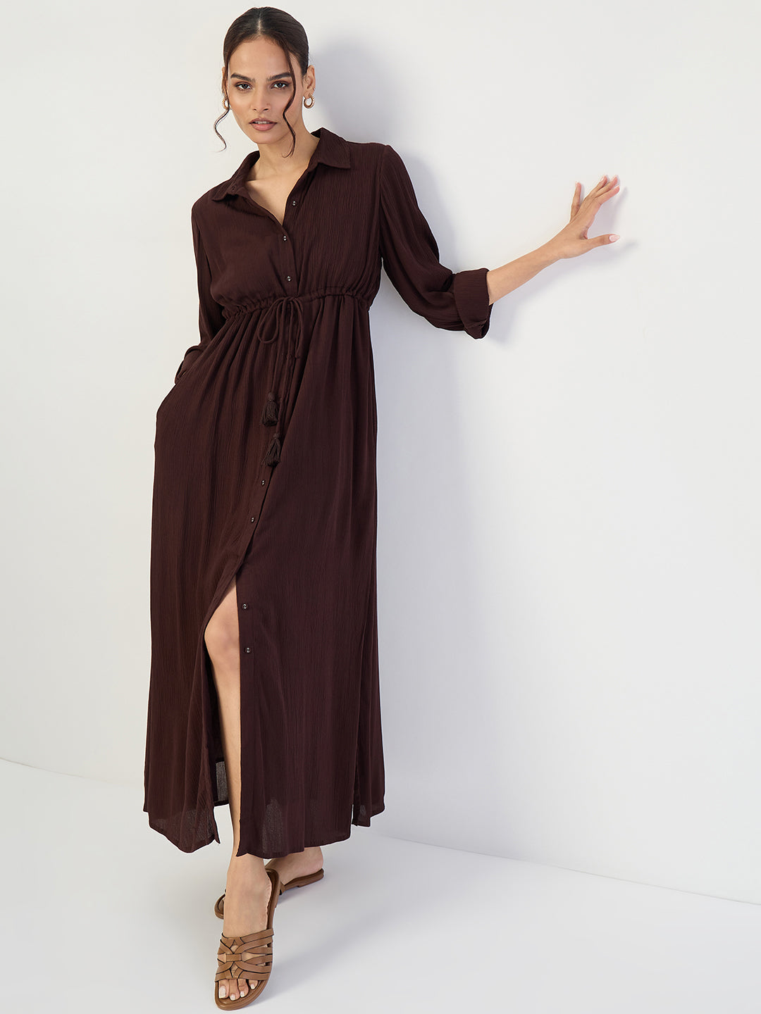 Coffee Brown Crinkled Button Down Maxi Dress