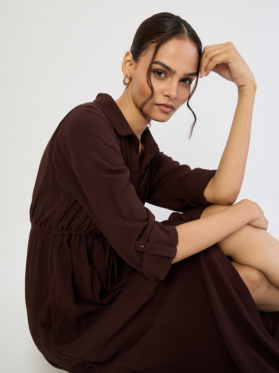 Coffee Brown Crinkled Button Down Maxi Dress