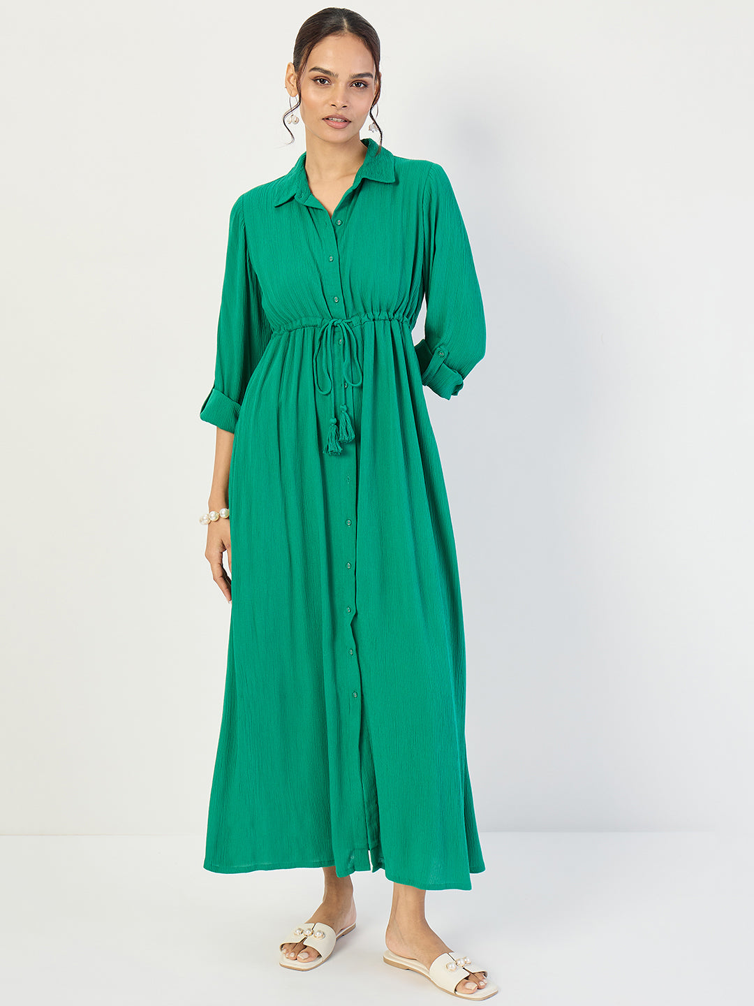 Emerald Green Crinkled Button Down Maxi Dress