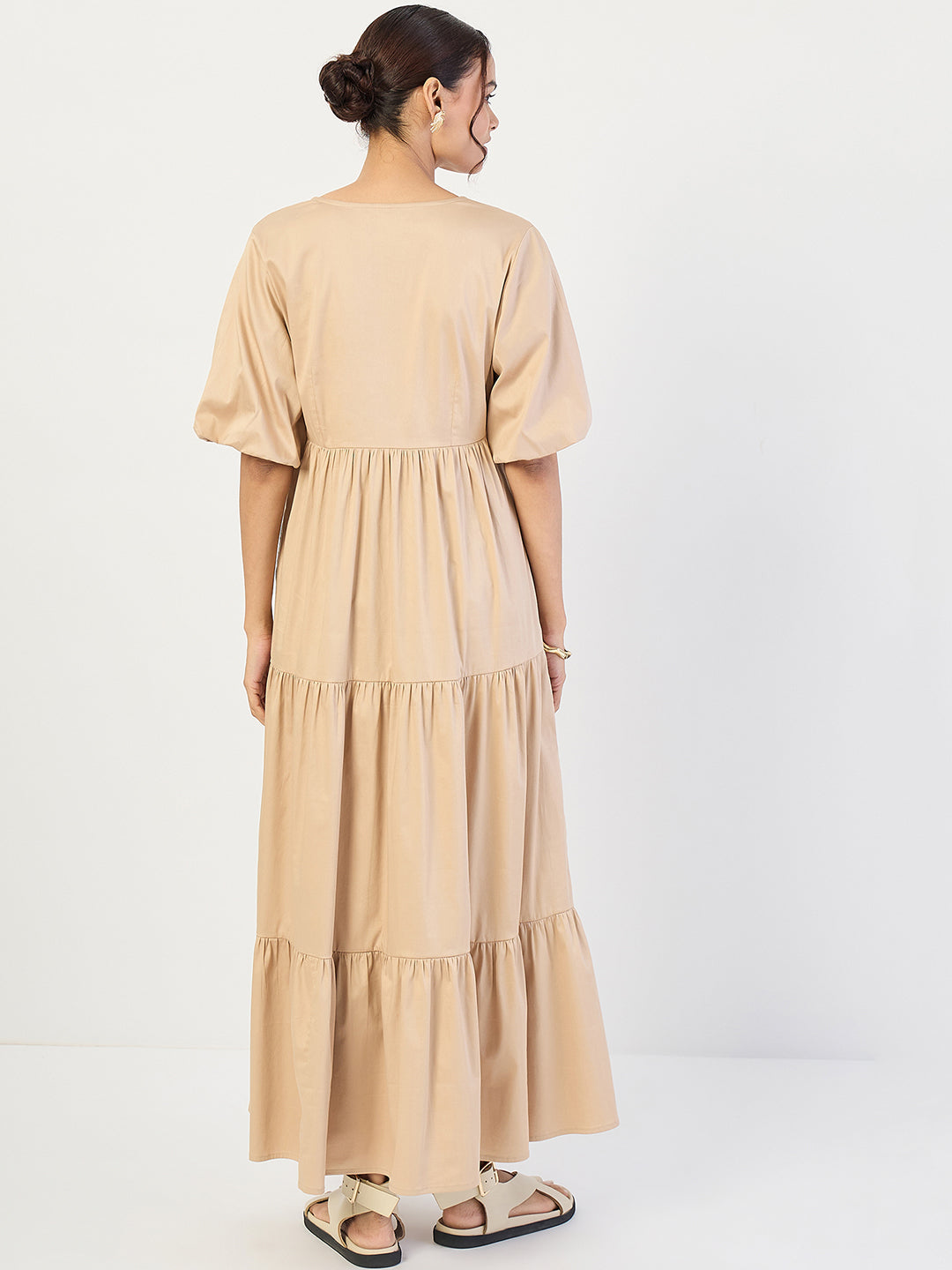 Beige Cotton Tiered Maxi Dress
